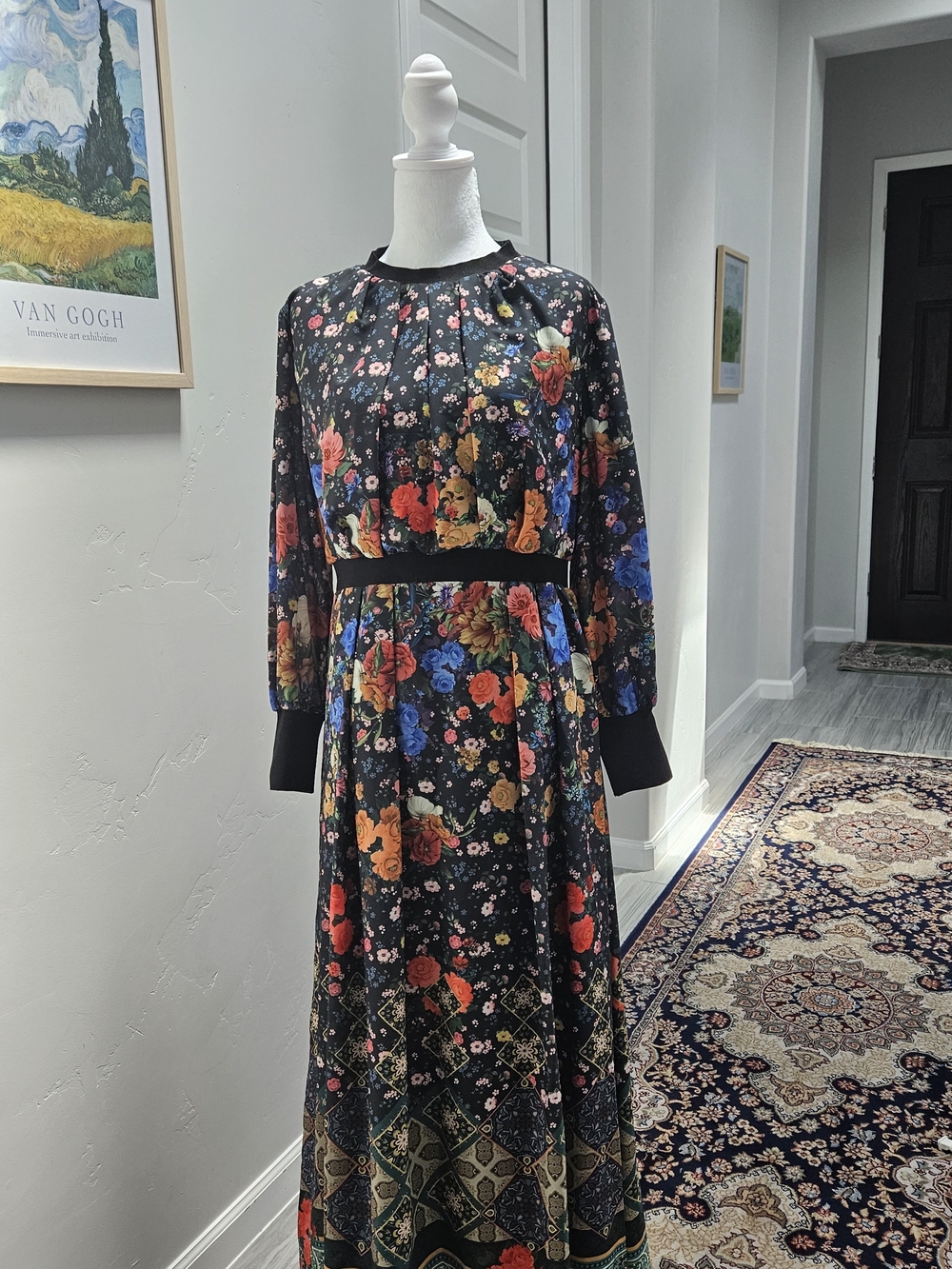 Black Floral Long-Sleeve Maxi Dress with Vibrant Bouquet Print